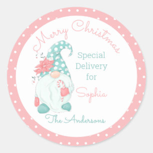Sticker Rond Joyeux Noël pastel mignon gnome nom personnalisé