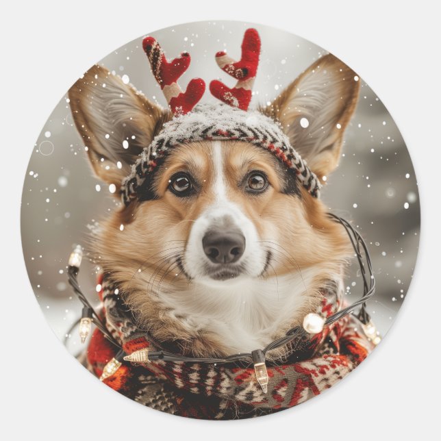 Sticker Rond Joyeux Noël Pembroke Welsh Corgi Chien (Devant)