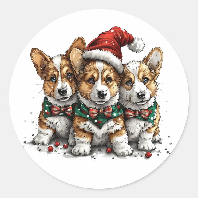 Sticker Rond Joyeux Noël Pembroke Welsh Corgi Puppies (Devant)