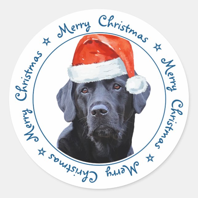 Sticker Rond Joyeux Noël Père Noël Chien Black Labrador (Devant)