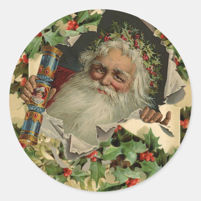 Sticker Rond Joyeux Noël Père Noël classique antique (Devant)