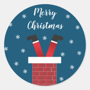 Sticker Rond Joyeux Noël Père Noël Coincé Dans Une Cheminée Rou