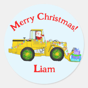 Sticker Rond Joyeux Noël Père Noël En Bulldozer Livrant Cadeau
