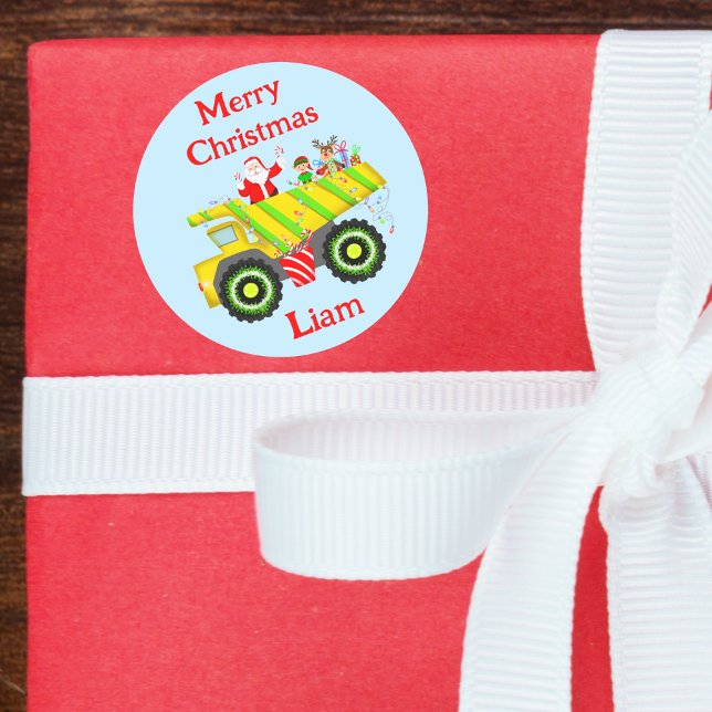 Sticker Rond Joyeux Noël Père Noël En Dump Avec Elf, Rudolph (Festive dump truck: Santa, Elf & Rudolph spread gift-filled cheer. Ideal for dump truck fans!)