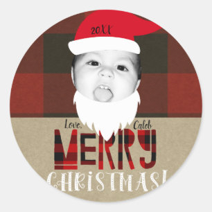 Sticker Rond Joyeux Noël Père Noël Face Mignonne Photo Holiday