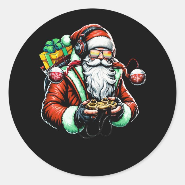 Sticker Rond Joyeux Noël Père Noël Jouer jeu vidéo Gamer Xma (Devant)