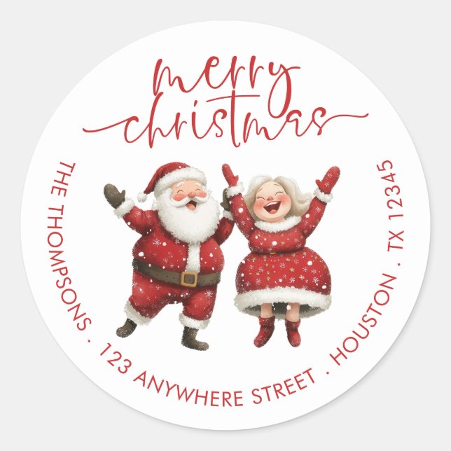 Sticker Rond Joyeux Noël Père Noël Mme Claus Retour Adresse (Devant)