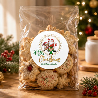 Sticker Rond Joyeux Noël personnalisé avec le Père Noël et les
