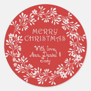 Sticker Rond Joyeux Noël personnalisé couronnes rouge et blanc