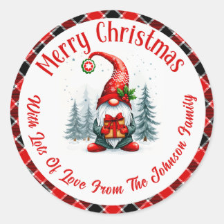 Sticker Rond Joyeux Noël personnalisé Gnome couleur rouge plaid