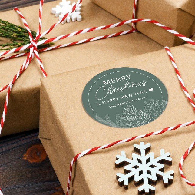 Sticker Rond Joyeux Noël personnalisé hiver (Winter Greenery Merry Christmas Personalized Classic Round Sticker)