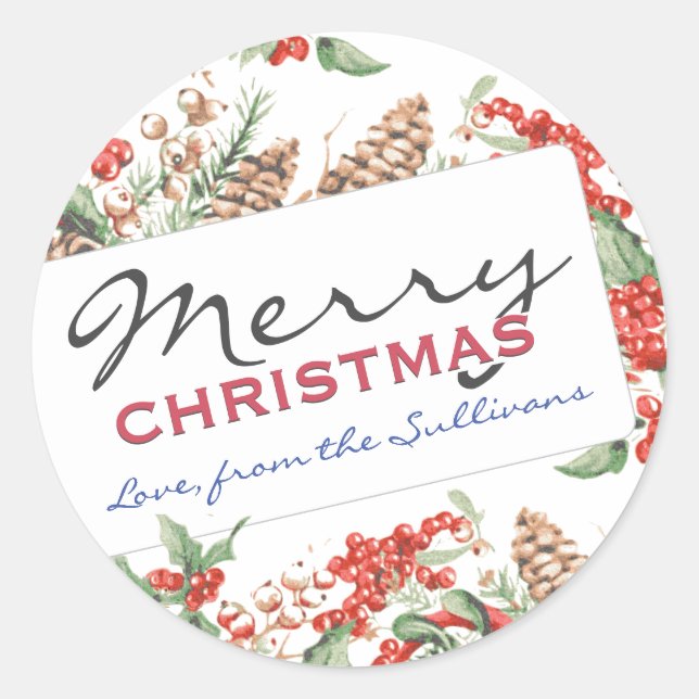 Sticker Rond Joyeux Noël personnalisé Holly et Pinecones (Devant)