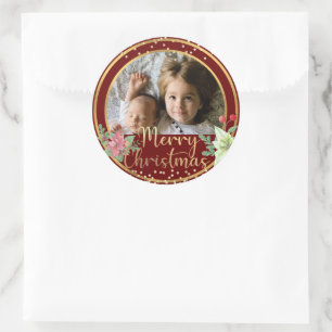 Sticker Rond Joyeux Noël Photo personnalisée Bourgogne Rouge & 