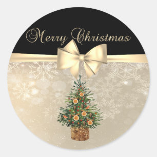 Sticker Rond Joyeux Noël, Pine Tree Orange, Snowflakes, Bow