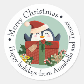 Sticker Rond Joyeux Noël, Pingouin