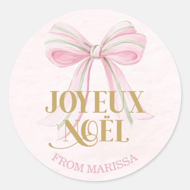 Sticker Rond Joyeux Noël Pink & Green French Coquette Bow (Devant)