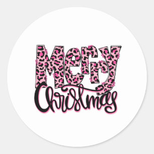 Sticker Rond Joyeux Noël Pink Leopard Typographie