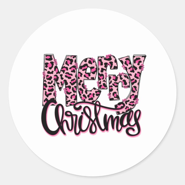 Sticker Rond Joyeux Noël Pink Leopard Typographie (Devant)