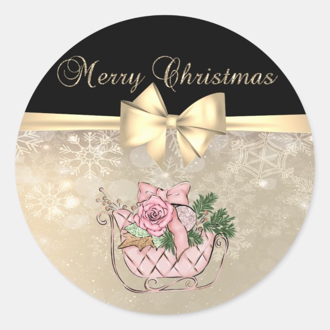 Sticker Rond Joyeux Noël, Pink Sleigh, Snowflakes, Bow (Devant)