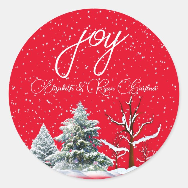 Sticker Rond Joyeux Noël Pins verts rouges Pins Snowflakes (Devant)