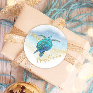 Sticker Rond Joyeux Noël Plage Tortue côtière