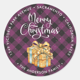 Sticker Rond Joyeux Noël Plaid Violet Retourner l'adresse Étiqu