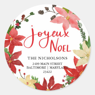 Sticker Rond Joyeux Noel Poinsettia Wreath Return Adresse