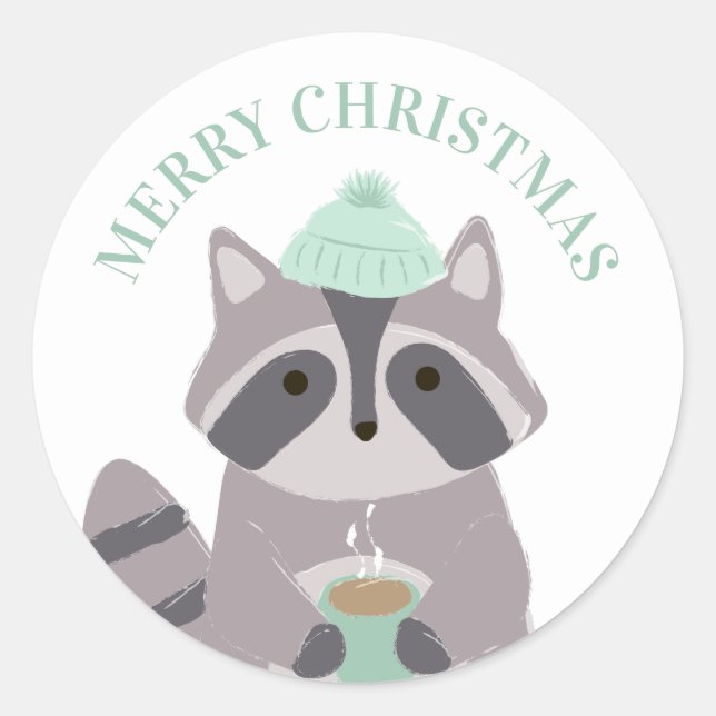 Sticker Rond Joyeux Noël. Raton laveur d'hiver. animal mignon (Devant)