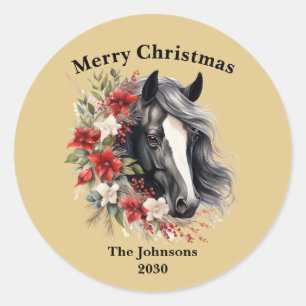 Sticker Rond Joyeux Noël Regal Cheval Noir Brown couronne