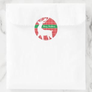 Sticker Rond Joyeux Noël Reindeer Red Plaid Twill Motif