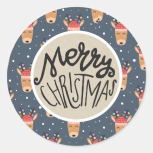 Sticker Rond Joyeux Noël Renne Bleu Cadeau de Fêtes Rustique