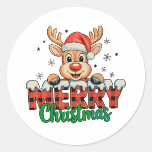 Sticker Rond Joyeux Noël Renne Xmas Carreaux Rouges Buffalo