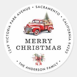 Sticker Rond Joyeux Noël Retro Camion Retourner l'adresse Étiqu