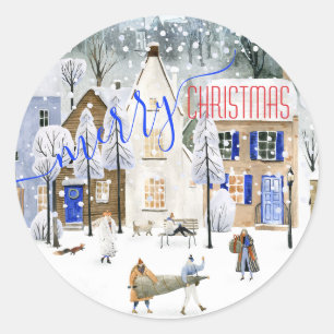 Sticker Rond Joyeux Noël Réveillon Snowy Winter Scène 2