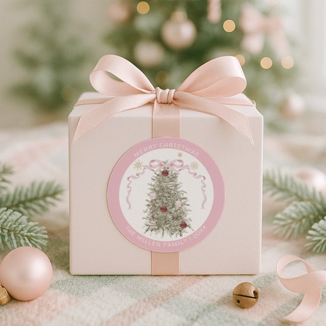 Sticker Rond Joyeux Noël Rose Bow (Créateur téléchargé)