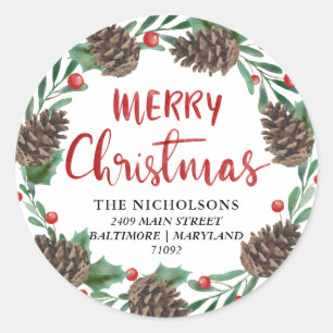 Sticker Rond Joyeux Noël Rouge Aquarelle Pinecones Adresse