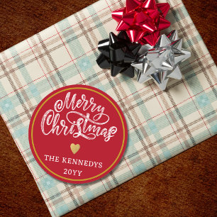 Sticker Rond Joyeux Noël Rouge Blanc Or