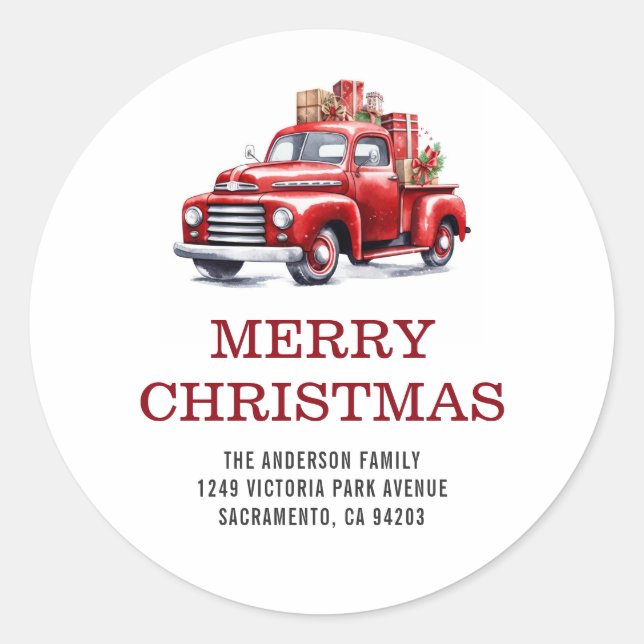 Sticker Rond Joyeux Noël Rouge Camion Famille Adresse de retour (Devant)