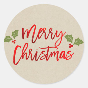 Sticker Rond Joyeux Noël Rouge Feuille Faux Moderne Écriture Kr