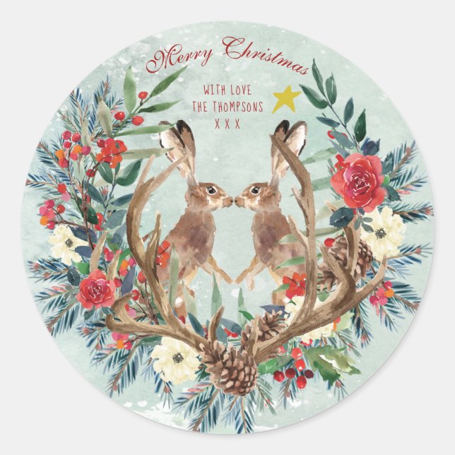 Sticker Rond Joyeux noël rouge floral lièvres d'hiver (Devant)