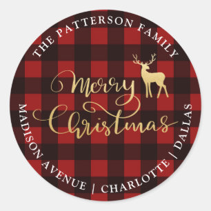 Sticker Rond Joyeux Noël Rouge Plaid Gold Antler Stag