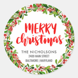 Sticker Rond Joyeux Noël Rouge Script Holiday Adresse de retour