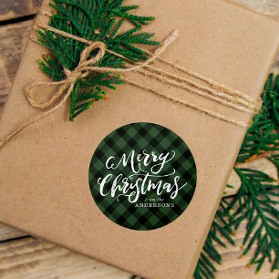 Sticker Rond Joyeux Noël rustique Script vert Plaid