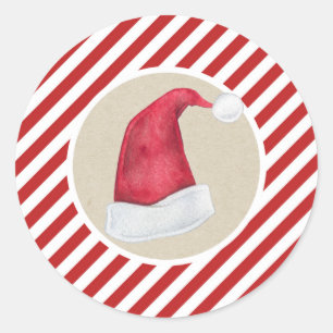 Sticker Rond Joyeux Noël Santa Hat Kraft Red White Stripes