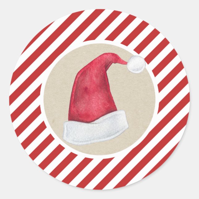 Sticker Rond Joyeux Noël Santa Hat Kraft Red White Stripes (Devant)