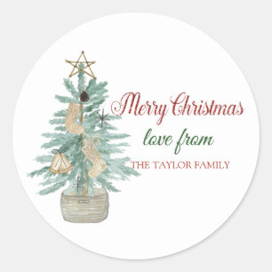 Sticker Rond Joyeux Noël, Sapin de Noël à l'aquarelle, Étoile