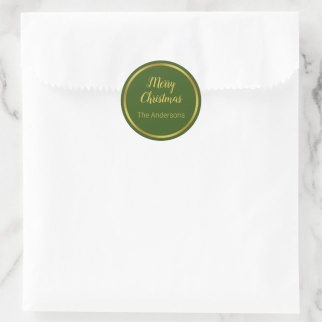 Sticker Rond Joyeux Noël Script Dark Green & Gold Votre nom (Sac)