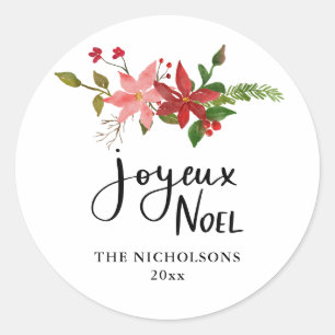 Sticker Rond Joyeux Noel Script manuscrit Poinsettia