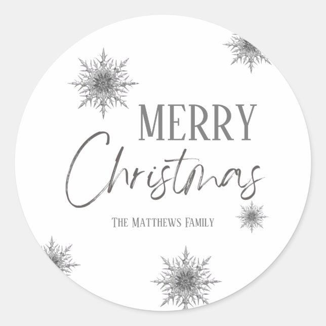 Sticker Rond Joyeux Noël Silver Snowflake Script (Devant)