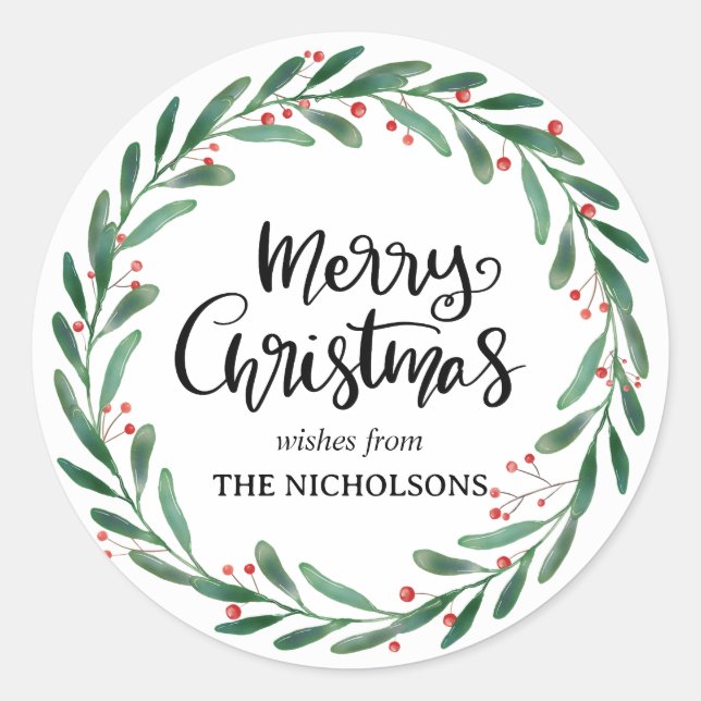 Sticker Rond Joyeux Noël Simple Script Décontracté | Wreath (Devant)